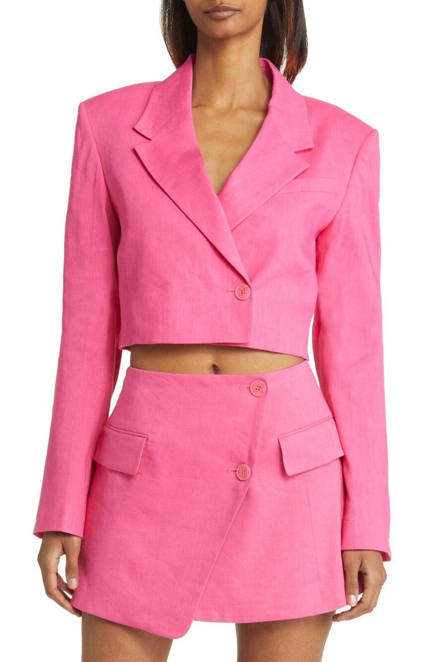 Revolve FRAME Womens XS Cropped Strong Shoulder Linen-Blend Blazer Formal Office
